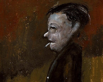 Peinture originale sur papier A5, homme sur fond sombre par Lupo Sol
