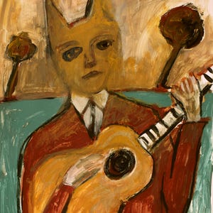 Personaggio felino che suona la chitarra, dipinto originale su carta del pittore Lupo Sol