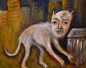 Expressive painting of urban scene with subhuman character