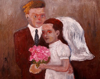 Just married couple, freak man and woman, original oil painting by Lupo Sol