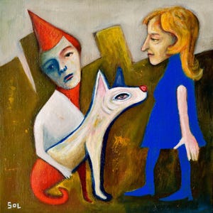Personajes fantásticos en una pintura original de vivos colores sobre cartón entelado, por el autor Lupo Sol