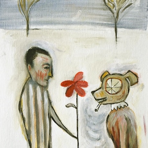 El último romántico, pintura original de hombre enamorado de un perro, por Lupo Sol