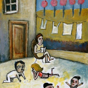 Dipinto originale su carta A4, scena pomeridiana estiva con bambini che giocano, tecnica mista di Lupo Sol