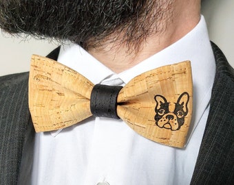 Adult - Natural cork bow tie with French bulldog motif