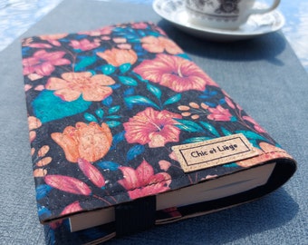 Cork book cover - pocket format or paperback format - hibiscus flowers on black background