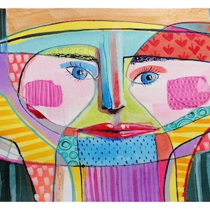 illustrazione di volto di donna, ritratto surreale, quadro rettangolare, pezzo unico dipinto a mano con inchiostro di china su carta