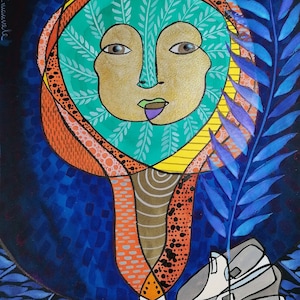 mezzo busto di donna con foglie, illustrazione a colori, inchiostro di china su carta fabriano 300 gr