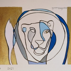 dipinto surreale di leone, Quadro dipinto a mano con inchiostro su carta 300 gr