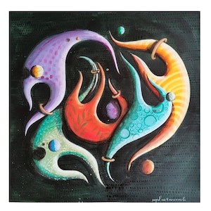 illustrazione surreale, dipinto a colori, pezzo unico dipinto a mano con inchiostro di china su carta, 56x56 cm