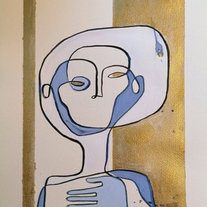 Cuadro surrealista de un retrato de medio cuerpo de una mujer, pintado a mano con tinta sobre cartón de 300 g.