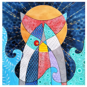 dipinto surreale con pesce, illustrazione marina, eclissi solare, pezzo unico dipinto a mano con inchiostro di china su carta, 56x56 cm,