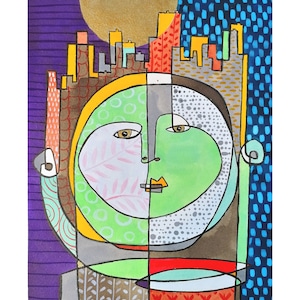 illustrazione di faccia di ragazza con sfondo di città, dipinto surreale, inchiostro di china su carta fabriano 300 gr