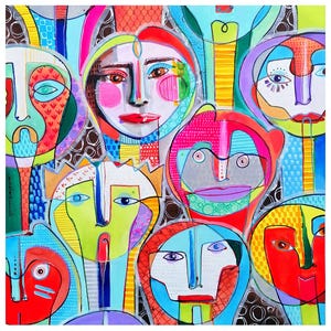 illustrazione con volti di persone, dipinto surreale con facce, pezzo unico dipinto a mano con inchiostro di china su carta, 56x56 cm