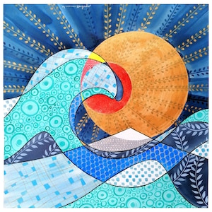 la grande onda , illustrazione marina surreale, pezzo unico dipinto a mano con inchiostro di china su carta, 56x56 cm