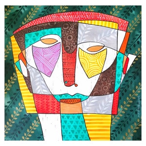 dipinto surreale, illustrazione con volto etnico, pezzo unico dipinto a mano con inchiostro di china su carta, 56x56 cm