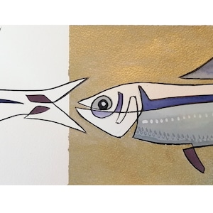 dipinto con pesce, illustrazione con tema marino , inchiostro di china su carta fabriano 300 gr