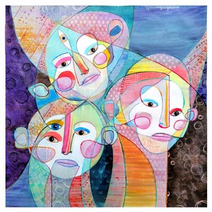 illustrazione con volti di donne, dipinto surreale con facce, pezzo unico dipinto a mano con inchiostro di china su carta, 56x56 cm