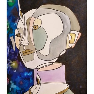 illustrazione di volto di uomo stellare, dipinto mistico, inchiostro di china su carta fabriano 300 gr