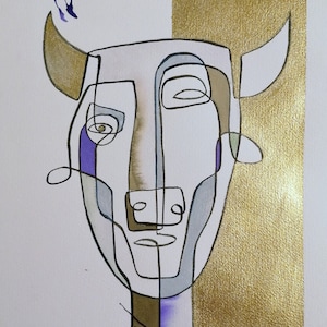 Tableau minotaure, Peint à la main à l'encre sur carton 300g