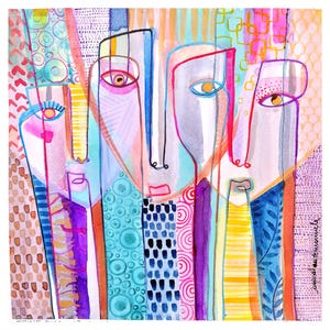 illustrazione con facce di donne, dipinto surreale femminista,  pezzo unico dipinto a mano con inchiostro di china su carta, 30x30 cm