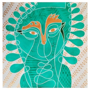 illustrazione surreale con uccelli, dipinto con pavoni, pezzo unico dipinto a mano con inchiostro di china su carta, 56x56 cm