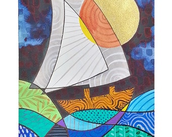 Pintura de un barco entre las olas, ilustración marina, tinta china sobre papel Fabriano de 300 g