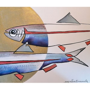 dipinto con pesce, illustrazione con tema marino , inchiostro di china su carta fabriano 300 gr