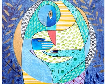 Surreal illustration with woman and bird, painted with bird, Indian ink on 300 gr Fabriano paper
