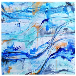 dipinto astratto blu, illustrazione quadrata, pezzo unico dipinto a mano con inchiostro di china su carta, 56x56 cm