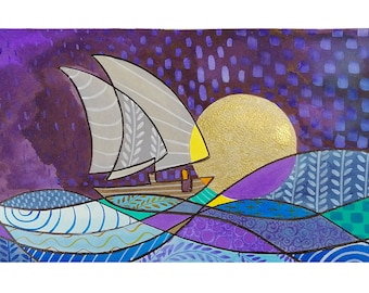 Pintura de un barco entre las olas, ilustración marina, tinta china sobre papel Fabriano de 300 g