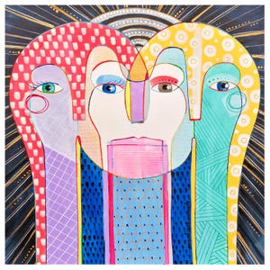 May include: Abstract watercolor painting featuring three stylized faces. The faces have elongated features and are rendered in a vibrant palette of red, yellow, blue, and purple. The background is dark with gold and white accents, creating a striking contrast.