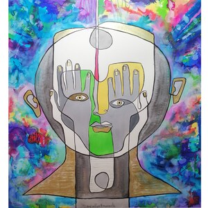 illustrazione a colori di mezzo busto , dipinto surreale, inchiostro di china su carta fabriano 300 gr