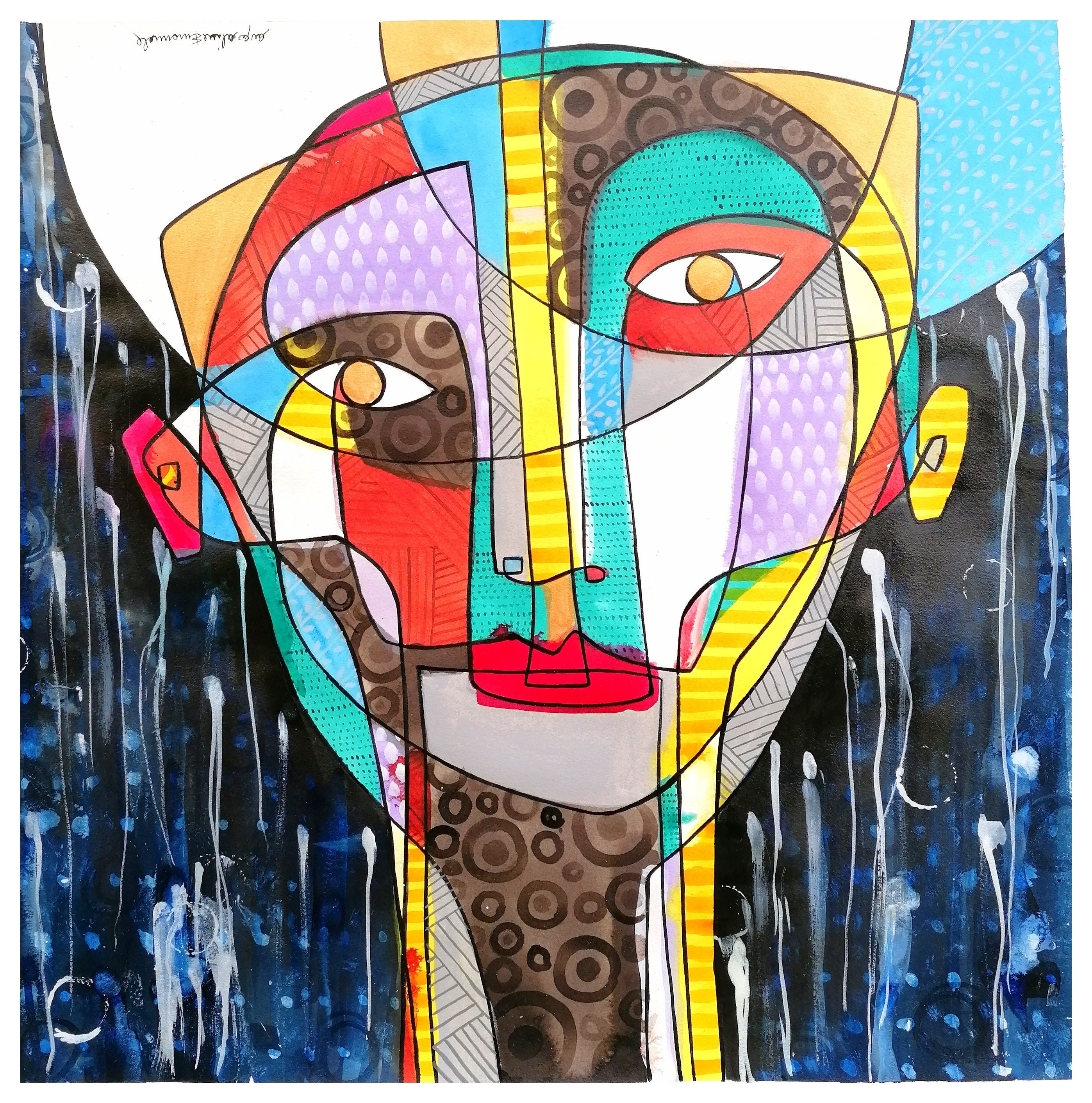 シュールな絵画、民族的な顔をしたイラスト、インドインクで手描きされ