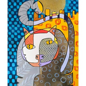 illustrazione di gatto con luna piena, Quadro surreale di felino, inchiostro di china su carta fabriano 300 gr