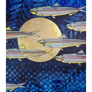 dipinto con pesce, luna, e foglie, illustrazione marina, inchiostro di china su carta fabriano 300 gr