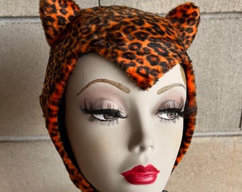 GORRO DE LEOPARDO NARANJA, Piel sintética, Gorra, Sombrero con capucha de inspiración vintage