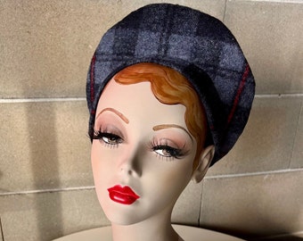 ROUND HALO HAT Navy Blue Plaid Tilt Hat 1930s 1940s 1950s inspired fascinator burlesque pinup rockabilly vintage retro repro knit jersey