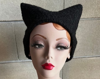 BLACK CAT BOUCLE Motorkap, pet, vintage geïnspireerd, Halloween, jaren 1950, 1940
