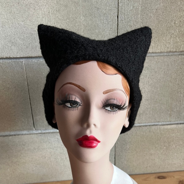 BLACK CAT BOUCLÉ Bonnet cap hood hat 1940s 1950s 1960s Autumn Halloween Winter Pinup Mid-century Inspired Vintage Retro Faux Sheep Fur