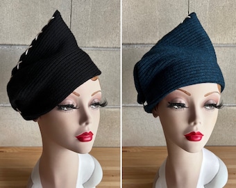 CROSS STITCH BERET Gorra Sombrero Bonnet Tocado 1930s 1940s 1950s Inspirado Vintage Mid-Century Negro o Azul con hilo blanco Jersey