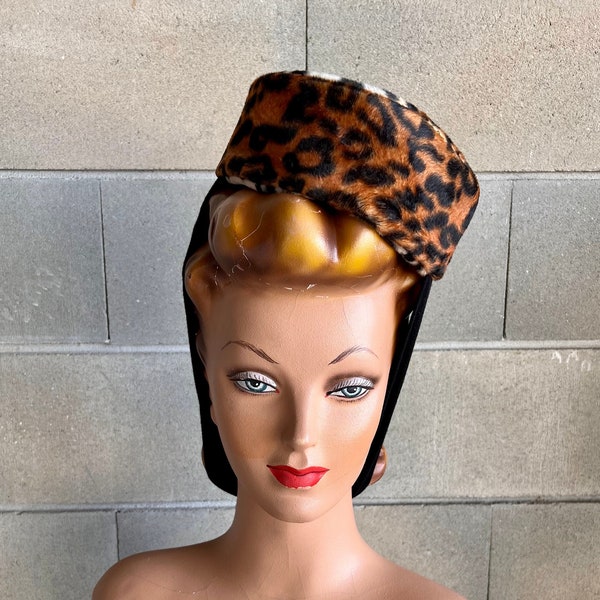 LEOPARD PILL BOX hat with black tie band 1940s 1950s 1960s inspired bonnet hat mid-century faux-fur burlesque tilt hat