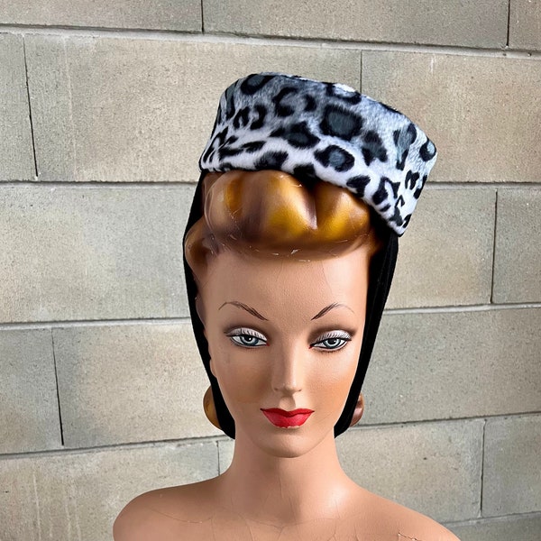 SNOW LEOPARD PILL Box hat with black tie band 1940s 1950s 1960s inspired bonnet hat mid-century faux-fur burlesque tilt hat