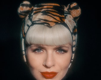 TIGER BONNET, Kunstpelz, Vintage inspiriertes Faux, Kapuze, Mütze, Halloween