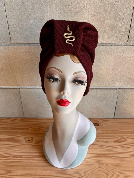 SNAKE BURGUNDY TURBAN Headpiece Hat bonnet fascinator mid-century retro repro pinup 1940s 1950s vintage inspired