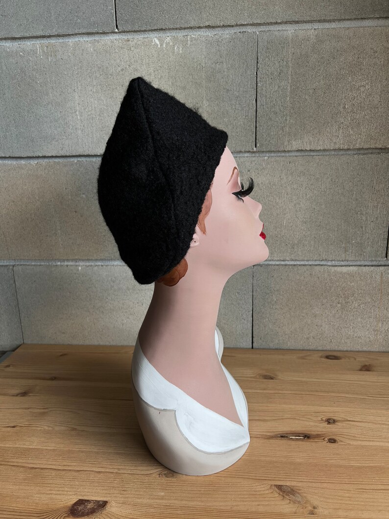 BLACK CAT BOUCLÉ Bonnet cap hood hat 1940s 1950s 1960s Autumn Halloween Winter Pinup Mid-century Inspired Vintage Retro Faux Sheep Fur image 4