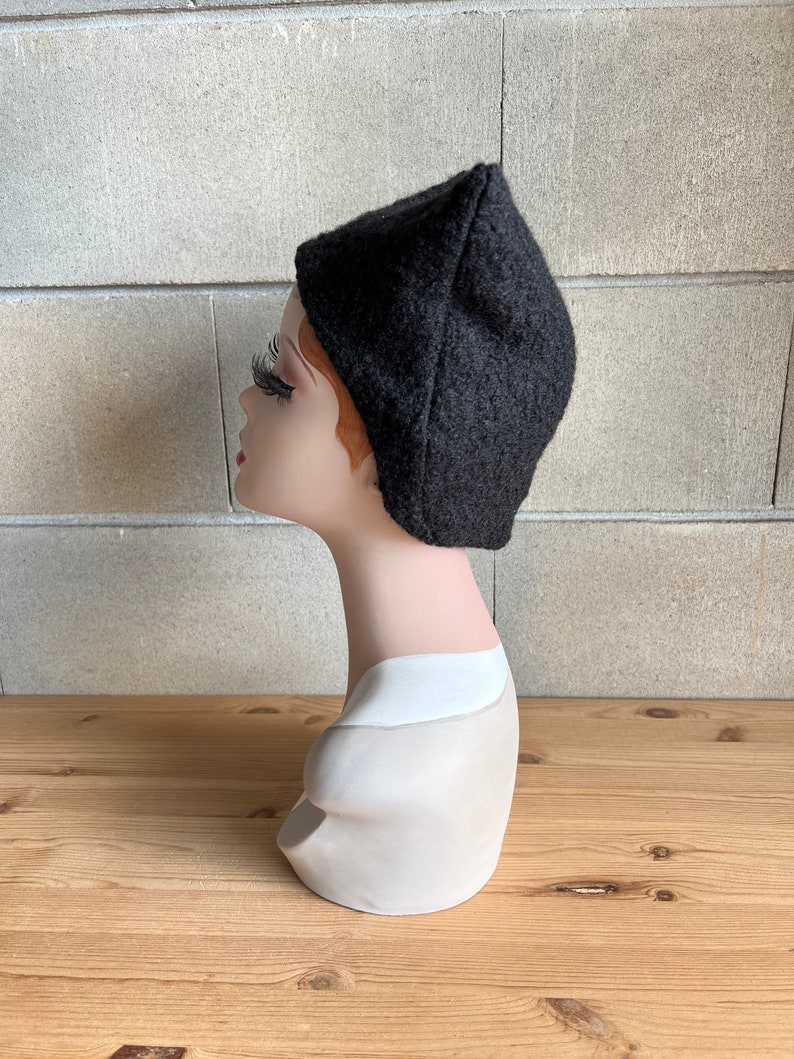 BLACK CAT BOUCLÉ Bonnet cap hood hat 1940s 1950s 1960s Autumn Halloween Winter Pinup Mid-century Inspired Vintage Retro Faux Sheep Fur image 6