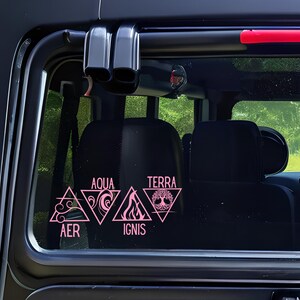 Op de afbeelding: Roze vinylstickers op een autoraam. De stickers tonen vier elementaire symbolen: Lucht (AER), Water (AQUA), Vuur (IGNIS) en Aarde (TERRA). Elk symbool staat in een driehoek, met de naam van het element erboven of eronder.