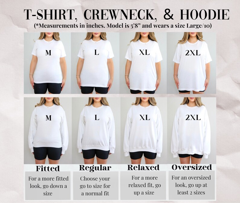 Puede incluir: Tabla de tallas para camisetas, jers&eacute;is de cuello redondo y sudaderas con capucha. La tabla muestra cuatro tallas diferentes: M, L, XL y 2XL. Cada talla se muestra en una modelo que lleva una camiseta blanca, un jersey de cuello redondo o una sudadera con capucha. La tabla tambi&eacute;n incluye descripciones del ajuste para cada talla: Ajustado, Regular, Relajado y Oversize.