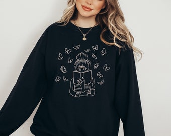 Bookish Butterfly Sweatshirt, BookLover Crewneck Gift, Illustration Sweater, Oversized Reading Sweatshirt, Lost in a Book