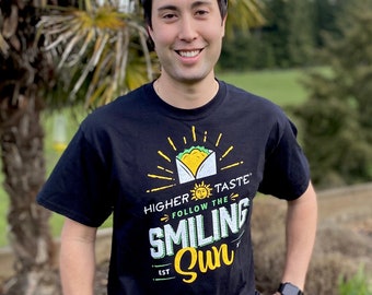 Higher Taste Follow The Smiling Sun Retro T-Shirt Vegan Vegetarian Food From Oregon Since 1987 - Unisex / Men's Sizes